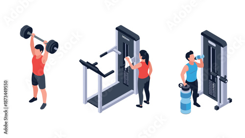 Isometric fitness equipment and people engaged in workout activities