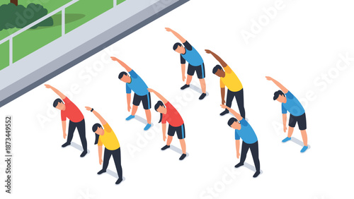 Group workout session in the park with people exercising in isometric style