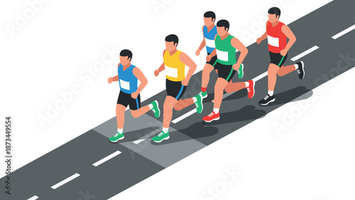 Isometric runners on road race in colorful jerseys and sneakers