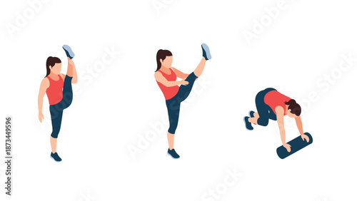 Flat cartoon woman exercising with high kicks and foam rolling in fitness attire