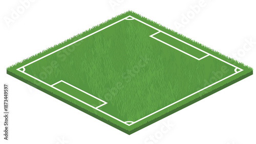 Isometric soccer field on grass background with white markings
