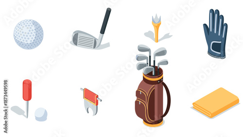 Isometric golf equipment set with clubs, glove, and accessories on white background