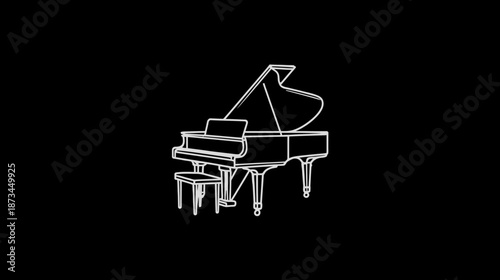 Elegant white outline grand piano and stool on black background, minimalist line art illustration for music, classical, and concert themes.