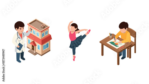 Isometric illustrations of healthcare, dance, and education scenes