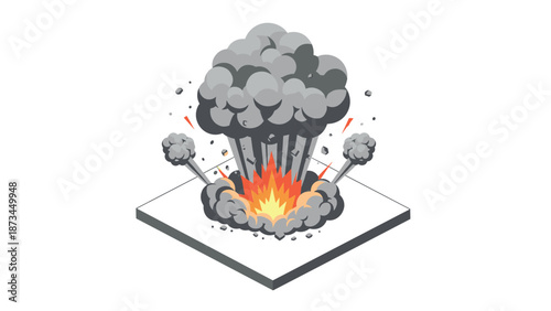 Isometric explosion with smoke and debris in a dynamic 3d style