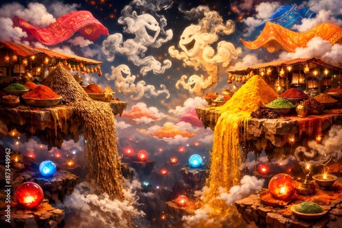 Illustrations of Flavorful Floating Spice Markets in Emotional Void Fantasy Realm