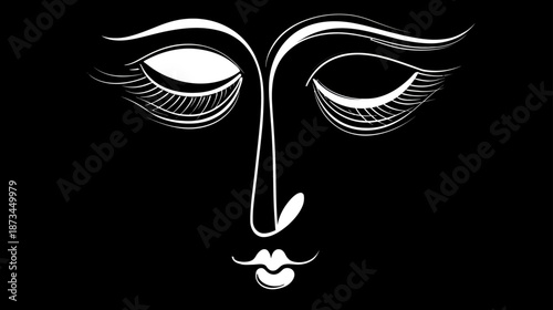 Serene face with closed eyes, abstract line art illustration on black background. Minimalist drawing symbolizing meditation, peace, and spiritual beauty.