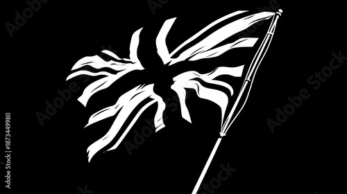 Stylized black and white flag waving on a flagpole, featuring a distressed cross and saltire pattern. Patriotic graphic icon.