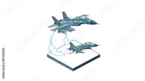 Dynamic isometric fighter jets in flight with vapor trails on white background