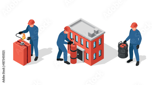 Workers handling fuel containers and equipment near industrial building in isometric style