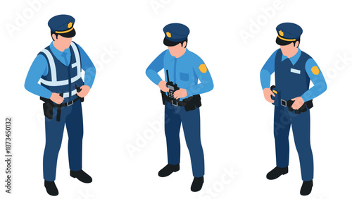 Isometric police officer characters with uniforms and accessories in three different poses