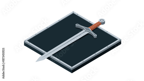Isometric medieval sword on black background with metal frame design