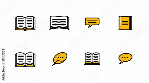 Book and Communication Vector Icons Set. Minimalist Symbols for Education, Reading, Learning, Knowledge, and Chat. Web and Mobile Design.