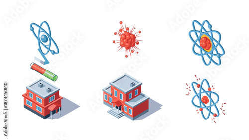 Isometric science icons featuring atom, molecule, and lab building in flat style