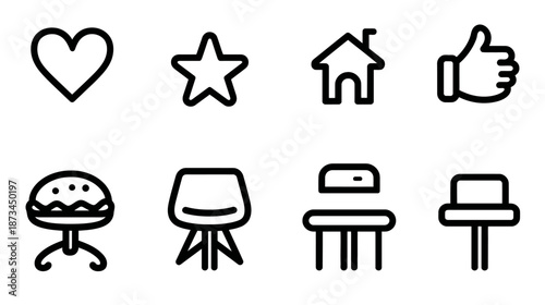 Diverse collection of simple outline icons for web design, mobile apps, and user interfaces, featuring heart, star, home, like, food, and furniture symbols.