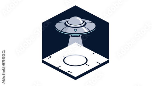 Futuristic ufo with beam hovering over hexagonal grid in flat design