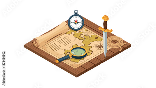 Isometric adventure map with compass, sword, and magnifying glass on wooden surface