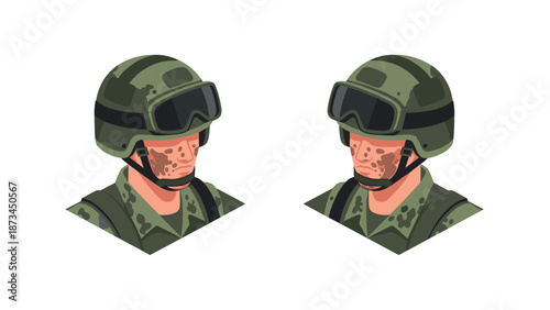 Camouflage military soldiers in helmets: detailed uniform design with protective gear