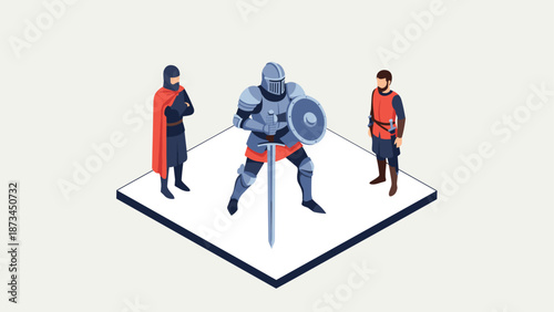 Medieval knights in isometric style: armor, shields, and swords on display