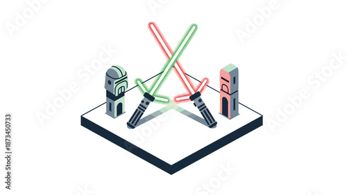 Futuristic sword duel scene with isometric sci-fi architecture