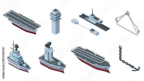 Isometric naval equipment: aircraft carrier, warship, control tower, chain