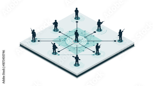 Security network: isometric silhouette of armed figures in communication grid