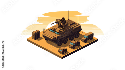 Isometric military armored vehicles on terrain with soldier