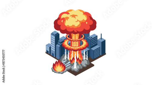 Isometric city under volcanic explosion with fiery eruption and smoke clouds