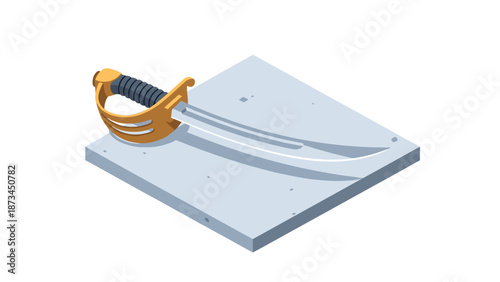 Isometric saber on concrete slab: detailed 3d weapon design