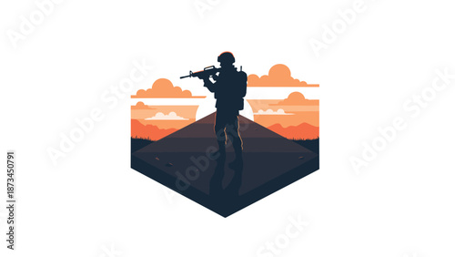 Soldier silhouette on road with sunset background in minimalist design