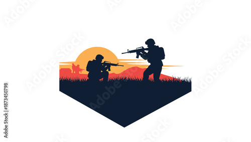 Soldiers silhouette with sunset background in nature