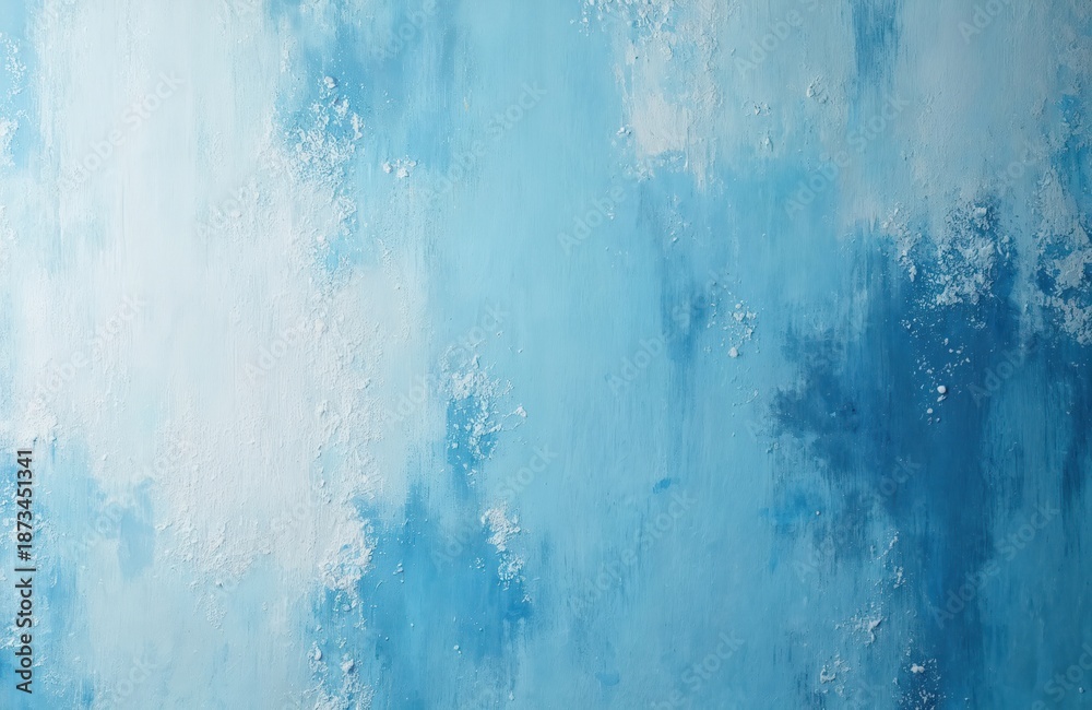 Fototapeta premium Abstract painting texture with mixed blue, white acrylic paint. Light brush strokes create subtle, watery effect with scattered white plaster elements. Calming background copy space for design.