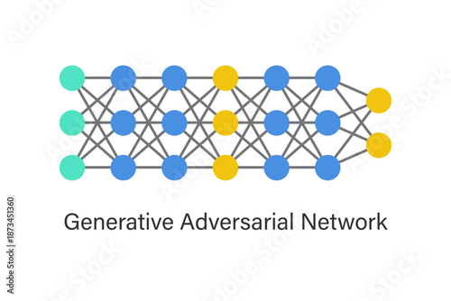 Generative adversarial network (GAN) concept showing generator and discriminator models in competition, illustrating synthetic data creation, image generation and creative artificial intelligence.