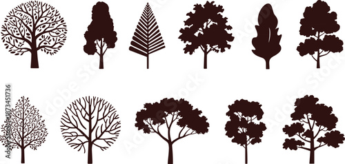 Stylized pastel tree silhouettes collection in soft colors, decorative nature illustration set for landscape design, branding, posters, backgrounds