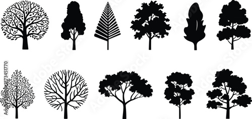 Stylized pastel tree silhouettes collection in soft colors, decorative nature illustration set for landscape design, branding, posters, backgrounds