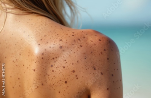 Wallpaper Mural Close-up of woman back covered in moles and freckles, sun tanned skin from beach vacation. Background shows blurred blue ocean and sky. Summer holiday, skin texture. Torontodigital.ca