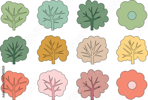 Stylized tree canopy illustration set, top view forest foliage collection, colorful seasonal nature elements, flat vector design, landscaping assets