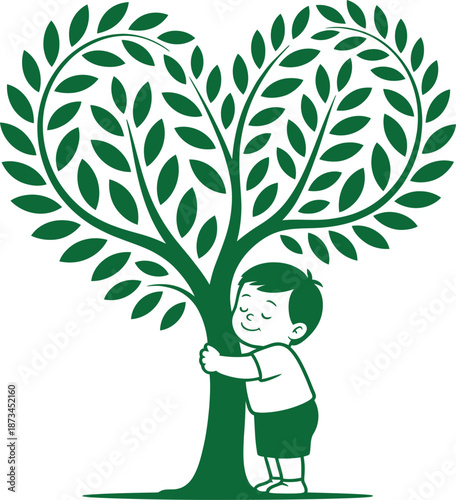 Boy hugging tree with heart shaped leaves for eco friendly and environmental conservation