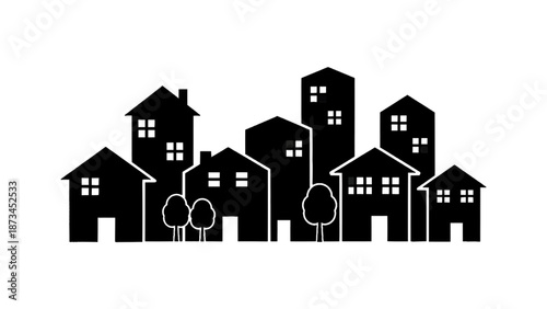 Vector illustration of a modern cityscape with diverse buildings and homes on transparent background
