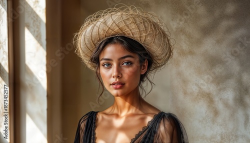A woman stands in a softly lit room during the day. She wears a hat and looks directly at the viewer with a calm expression. The background shows warm tones and natural light.