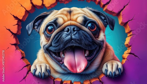 A pug dog peers through a hole in a wall, showing a joyful face with its tongue out. The colorful background adds to the vibrant scene, highlighting the pug's excitement.