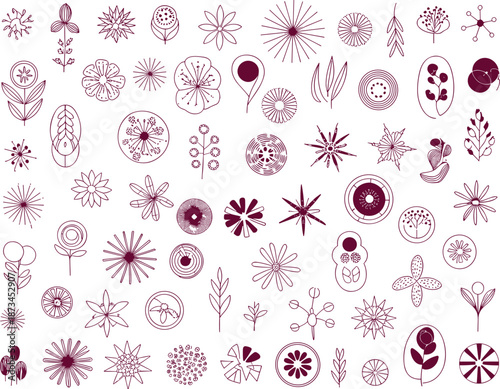 Minimal botanical line art icon collection with abstract flowers, leaves, geometric nature symbols for branding, packaging, wallpaper, and modern design