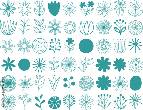 Minimal botanical line art icon collection with abstract flowers, leaves, geometric nature symbols for branding, packaging, wallpaper, and modern design