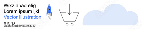 Online shopping, cloud storage, technology integration, data transfer, e-commerce innovation, digital transactions. Shopping cart, cloud and rocket design. Online shopping and cloud storage concept