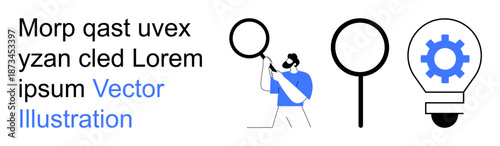 Research, problem-solving, innovation, creativity, business analysis, strategic planning. Person holding a magnifying glass, gear inside lightbulb. Research and problem-solving concept