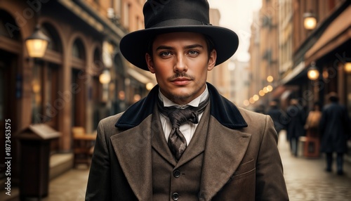 A man with a mustache wears a hat as he walks down a crowded street. People in old-fashioned dress surround him in a historic city scene. The time is early 20th century.