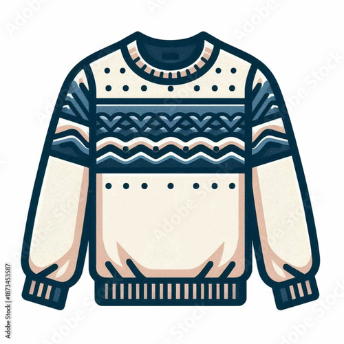 Detailed vector art of a knitted creamcolored sweater with geometric blue and brown patterns