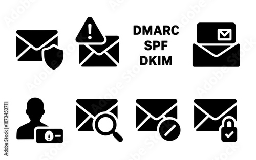 Email security icons including DMARC, SPF, DKIM, and user alerts