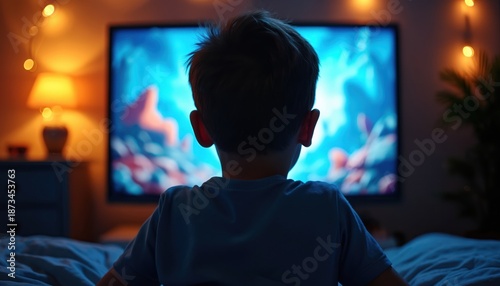 Child watches TV in dark room at night. Boy sits on bed, screen glows, fairy lights twinkle. Isolated kid engrossed in digital entertainment.