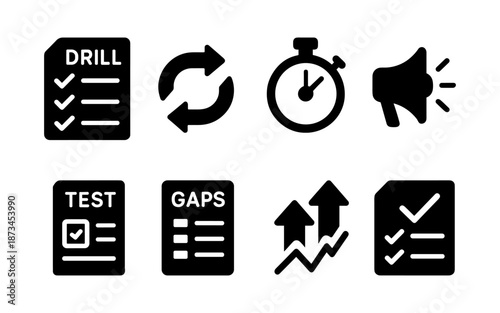 Set of business icons representing planning, progress, and communication strategies